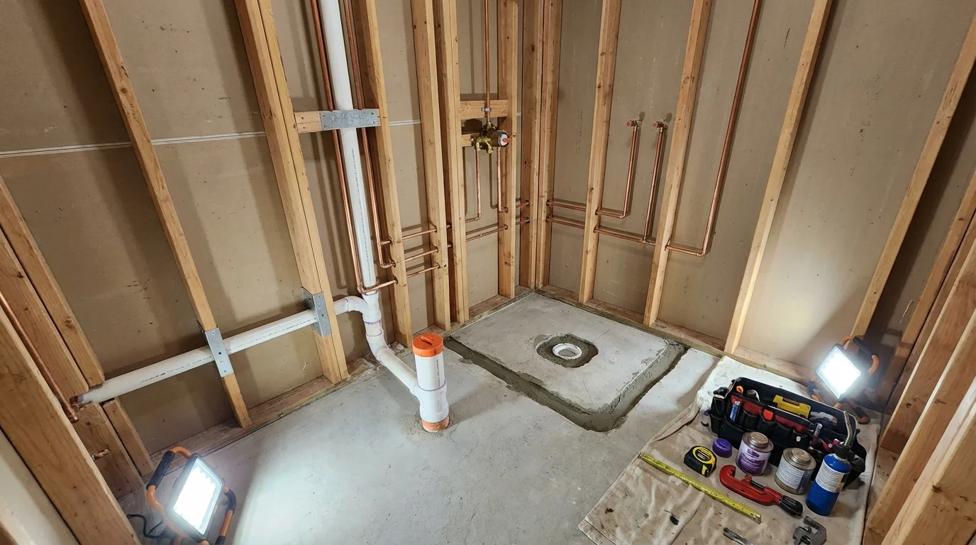 Bathroom rough-in plumbing during remodel by Johns Plumbing LLC in Littlefield