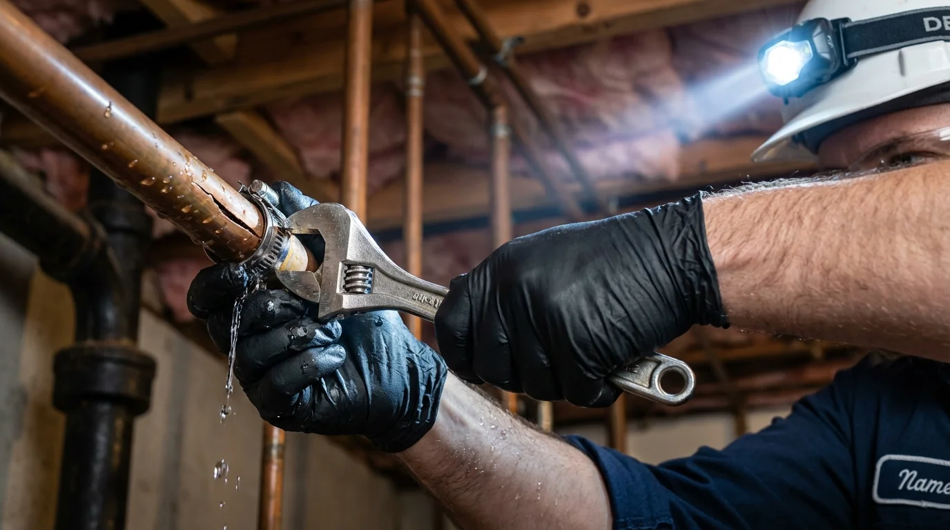 Emergency pipe clamp repair being performed by a Johns Plumbing LLC plumber in Littlefield