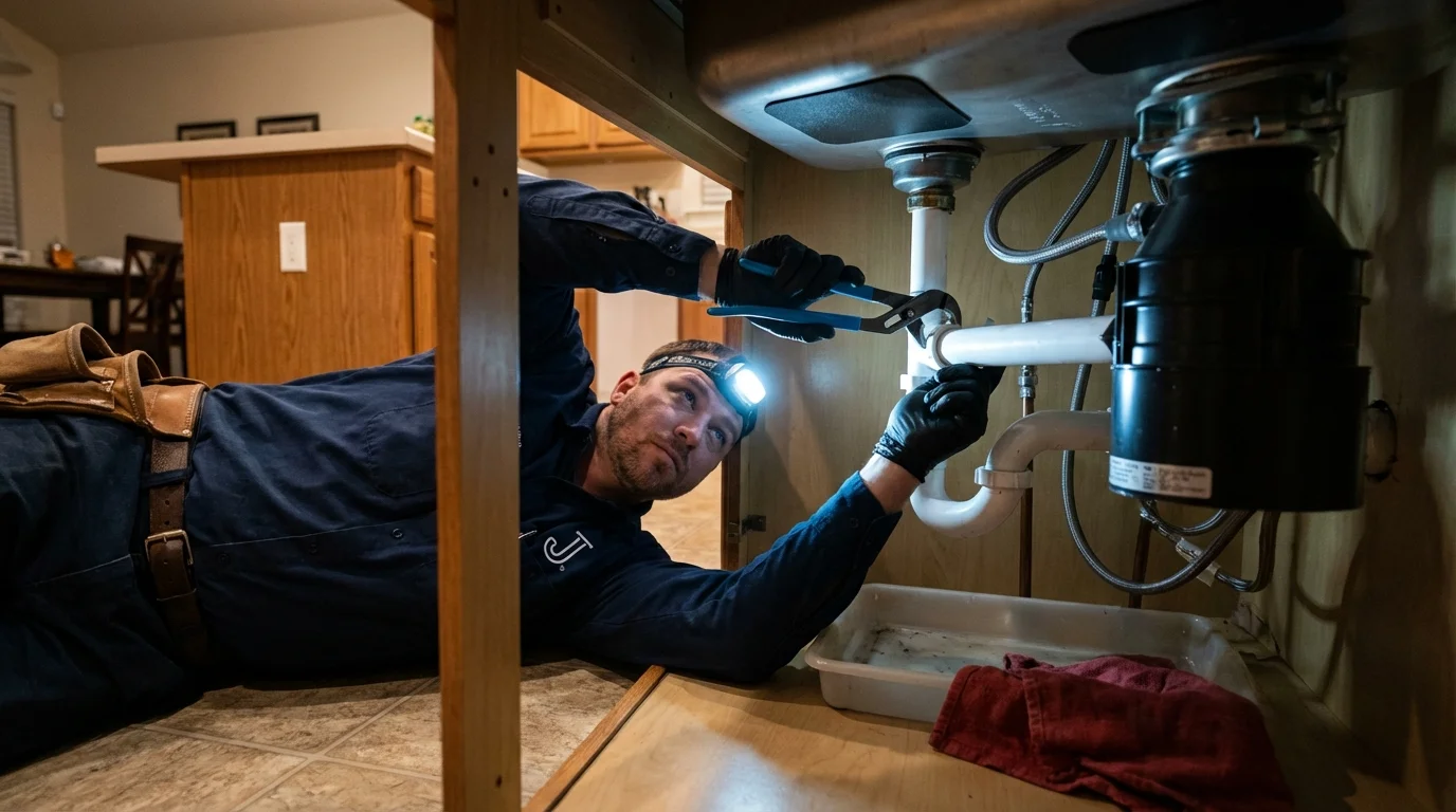 P-trap and supply line connections under a kitchen sink showing a common leak point in Littlefield, TX